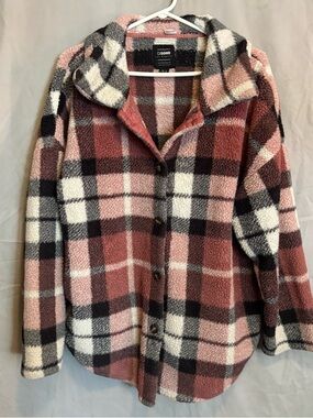 Ci Sono Pink, Black & Cream Plaid Sherpa Jacket